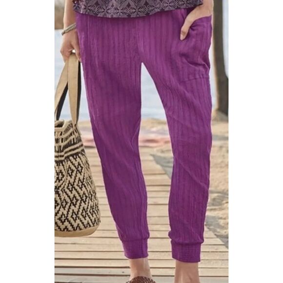 SUNDANCE "Barbado" Boho Beachy Drop-Crotch Harem Cotton Pants Pockets Large - Picture 1 of 8